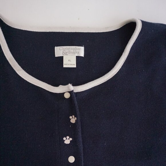 VTG Christopher & Banks Navy Knit Cat Embroidered Cardigan Cotton Blend XL - Picture 8 of 8